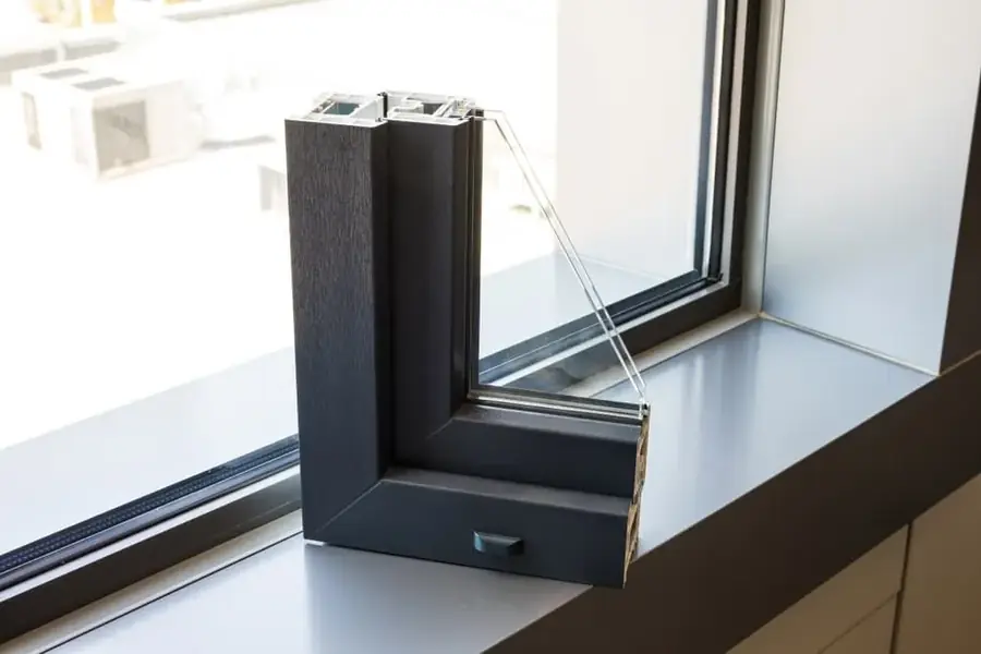 Close-up of a black aluminium window frame profile