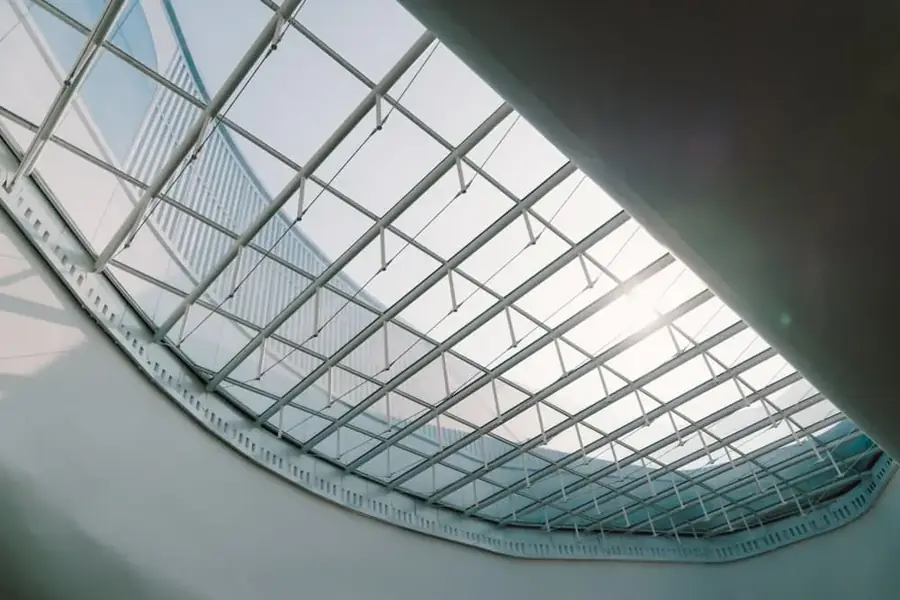 Angled view of a glass skylight or canopy