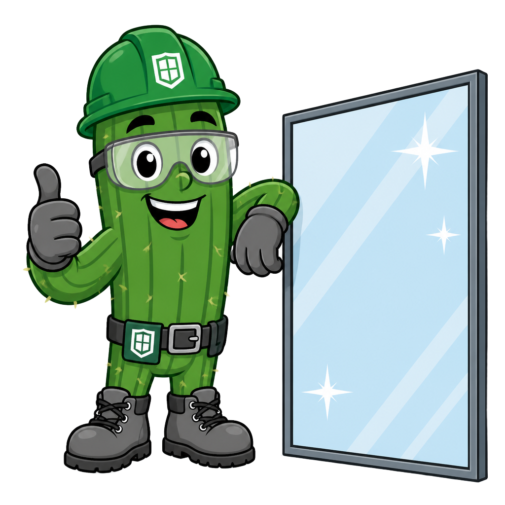 Captain Cactus, the ASAP Glass safety mascot, in a hard hat and goggles beside a clean pane of glass