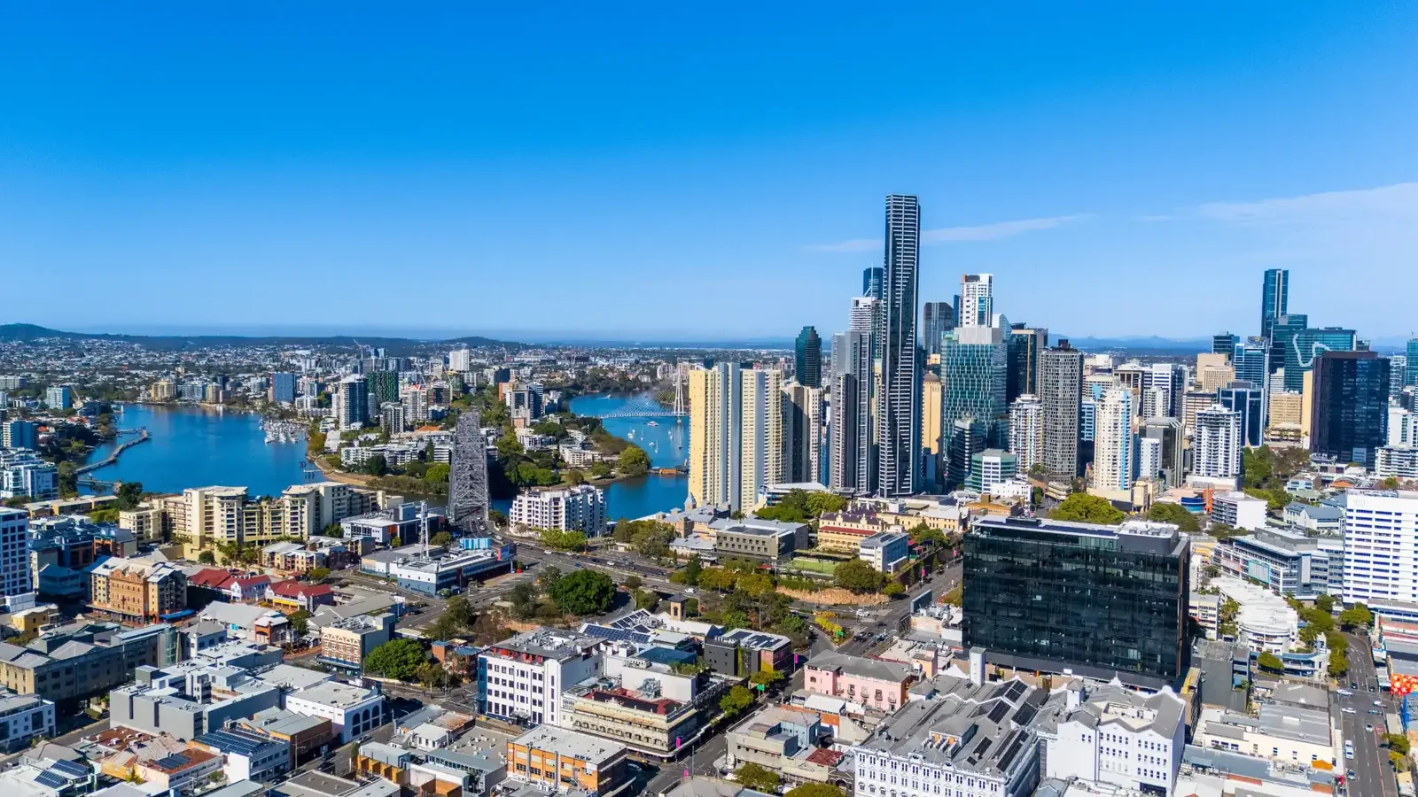 Aerial view of the Brisbane CBD skyline and river, Story Bridge in the foreground