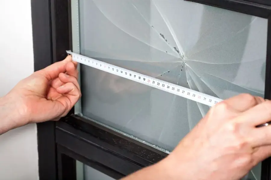 Hand measuring a cracked window pane with a tape measure ahead of a repair quote
