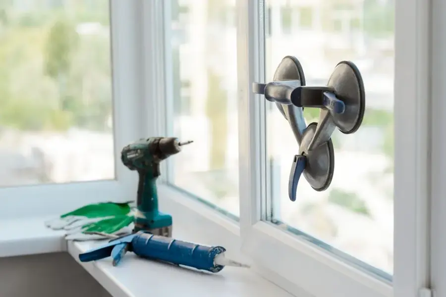 ASAP Glass technician using a suction lifter and drill to carry out an emergency window repair