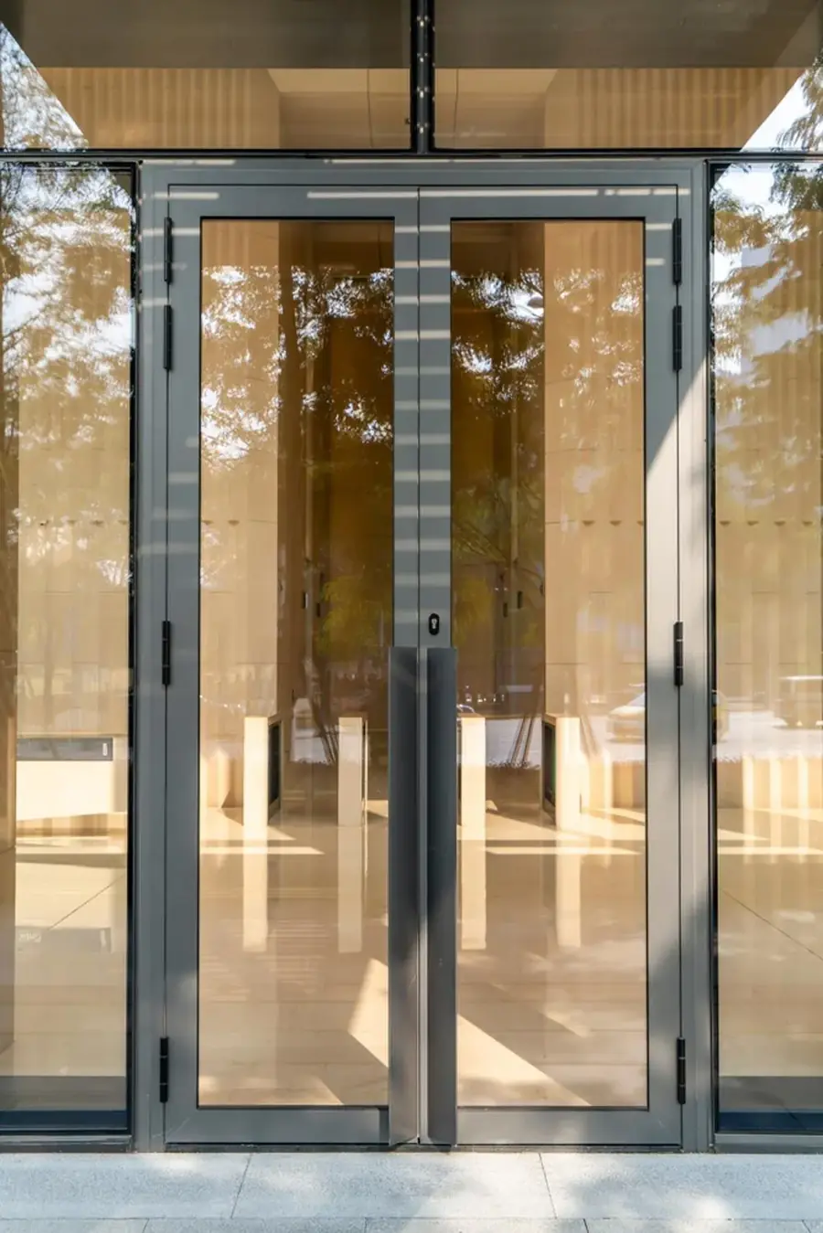 Newly replaced clear glass entry door fitted to a timber-framed building