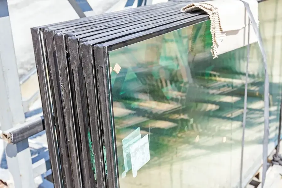 Stack of glass sheets in a warehouse ready for installation