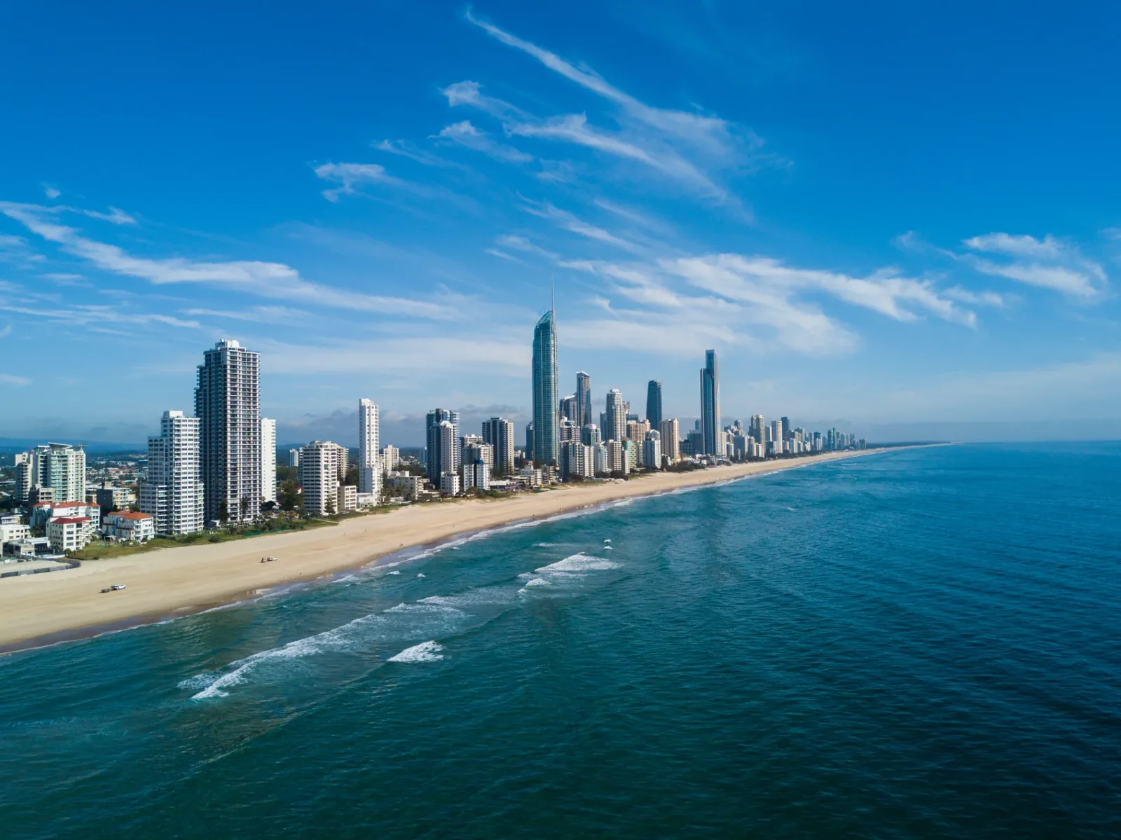 Aerial view of the Gold Coast skyline and beach at Surfers Paradise