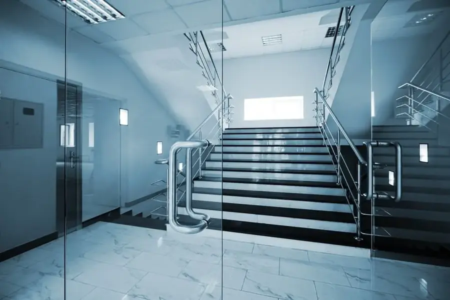 Glass-walled stairwell inside a commercial building