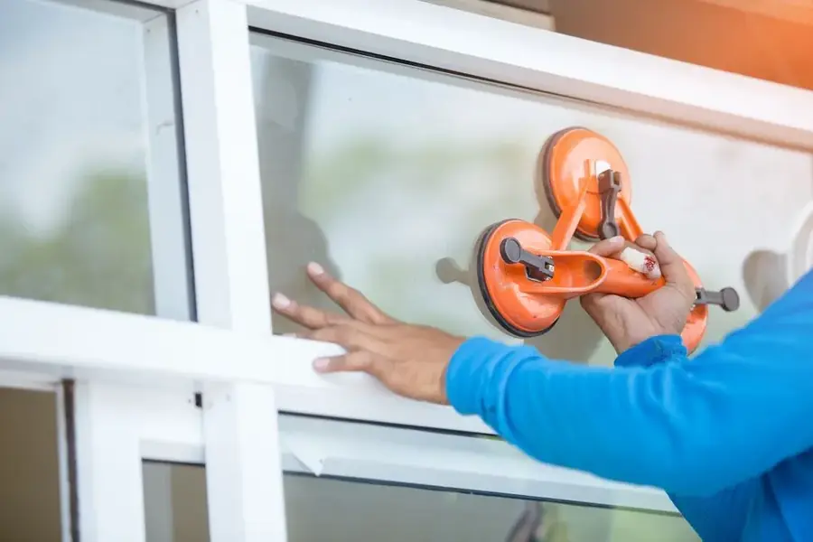 Hand pressing a glass suction lifter against a window frame during installation