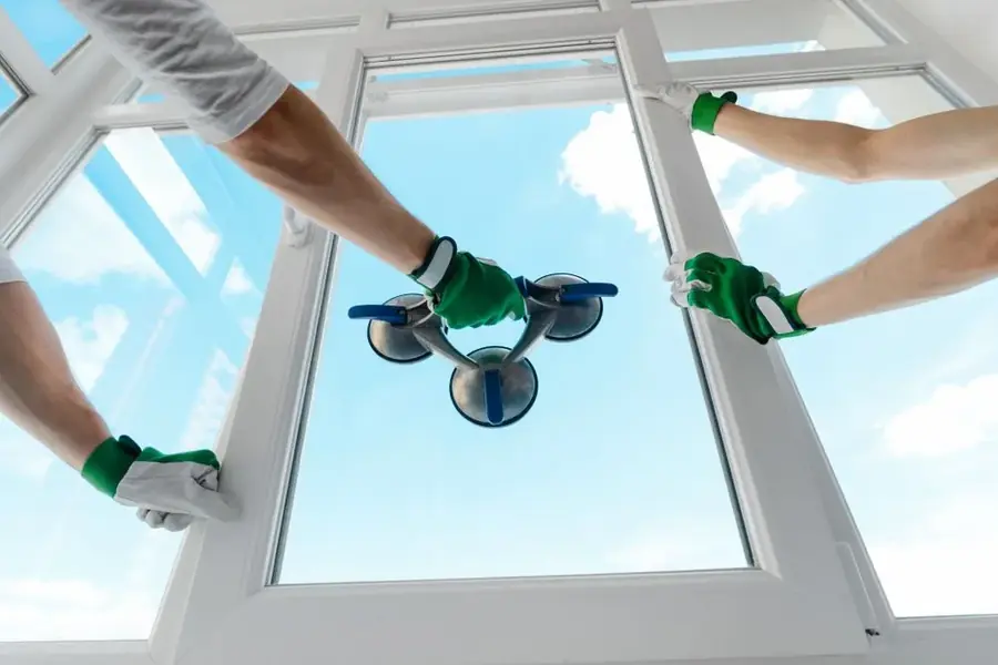 Hands using glass suction cups to position a skylight glass panel during installation